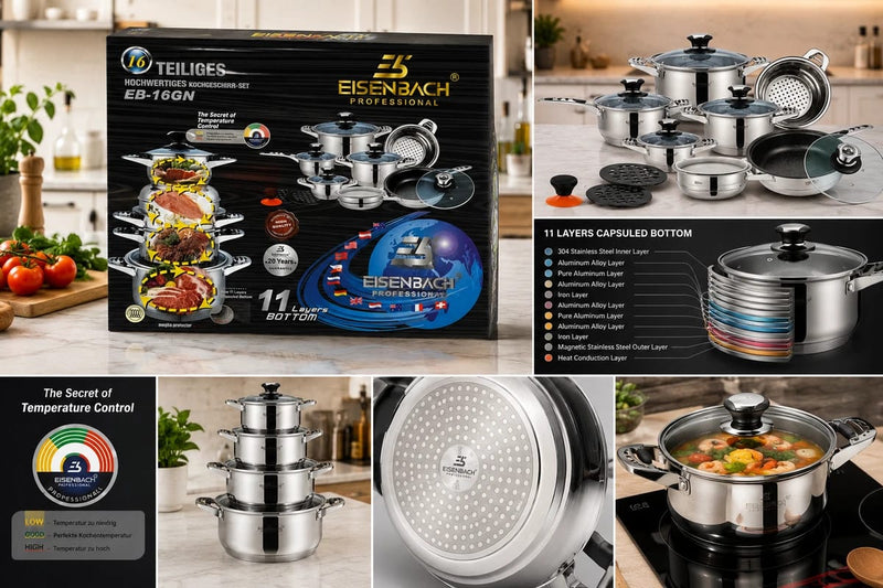 16 Piece Stainless Steel Cookware Set Pots and Pans Set with Lids Gas Electric Induction Hob Compatible