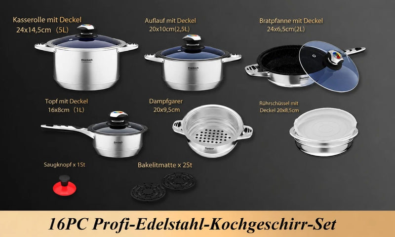 16 Piece Stainless Steel Cookware Set Pots and Pans Set with Lids Gas Electric Induction Hob Compatible