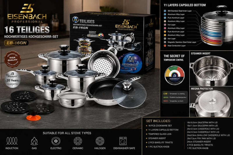 16 Piece Stainless Steel Cookware Set Pots and Pans Set with Lids Gas Electric Induction Hob Compatible