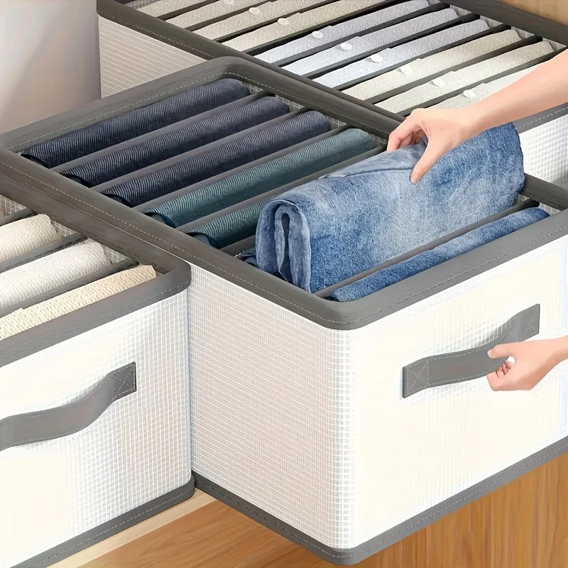 Foldable Fabric Drawer Organisers with Handles - White/Grey Grids Storage Boxes