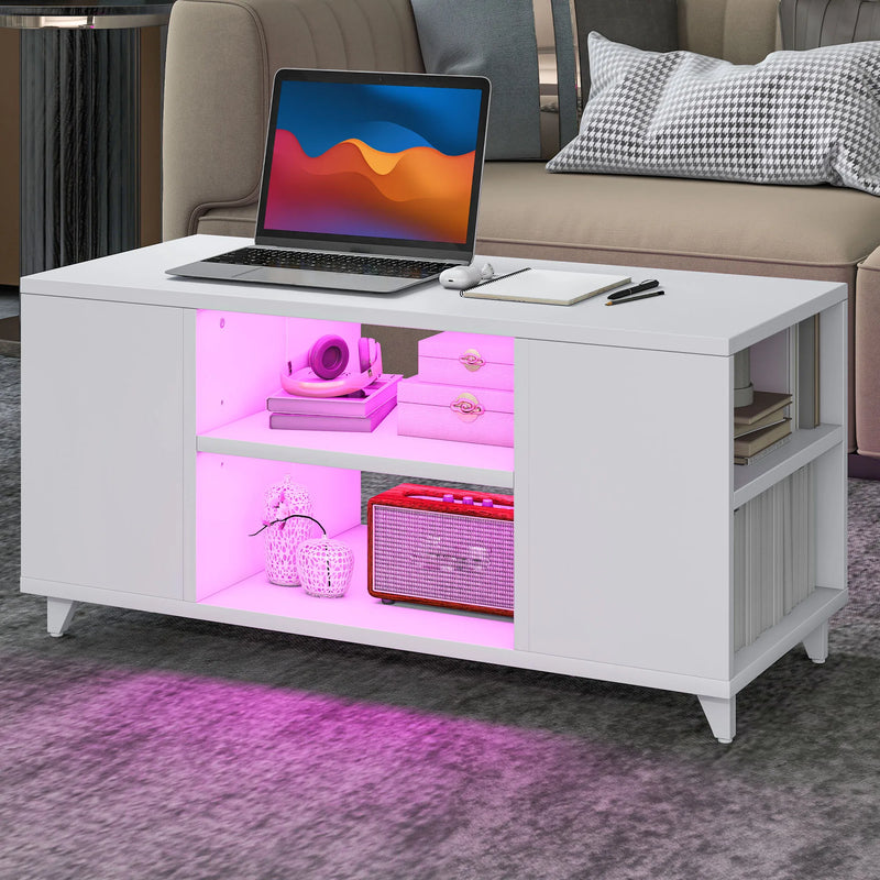 White High Gloss Coffee Table RGB LED Lights Adjustable Shelf Home Furniture