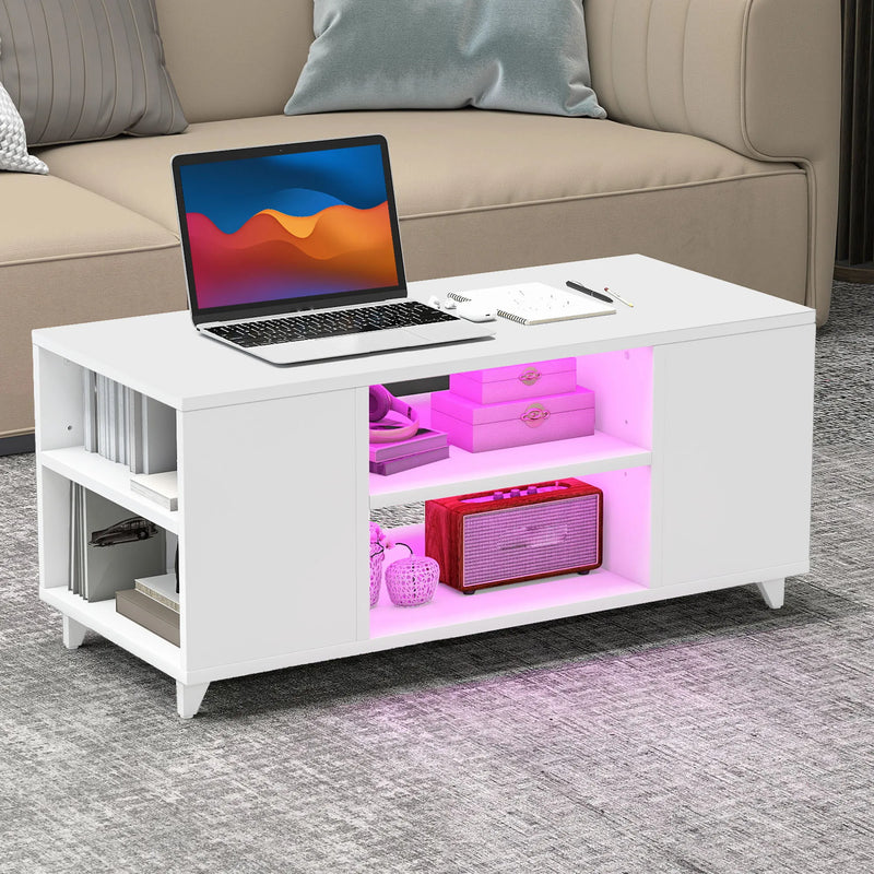 White High Gloss Coffee Table RGB LED Lights Adjustable Shelf Home Furniture