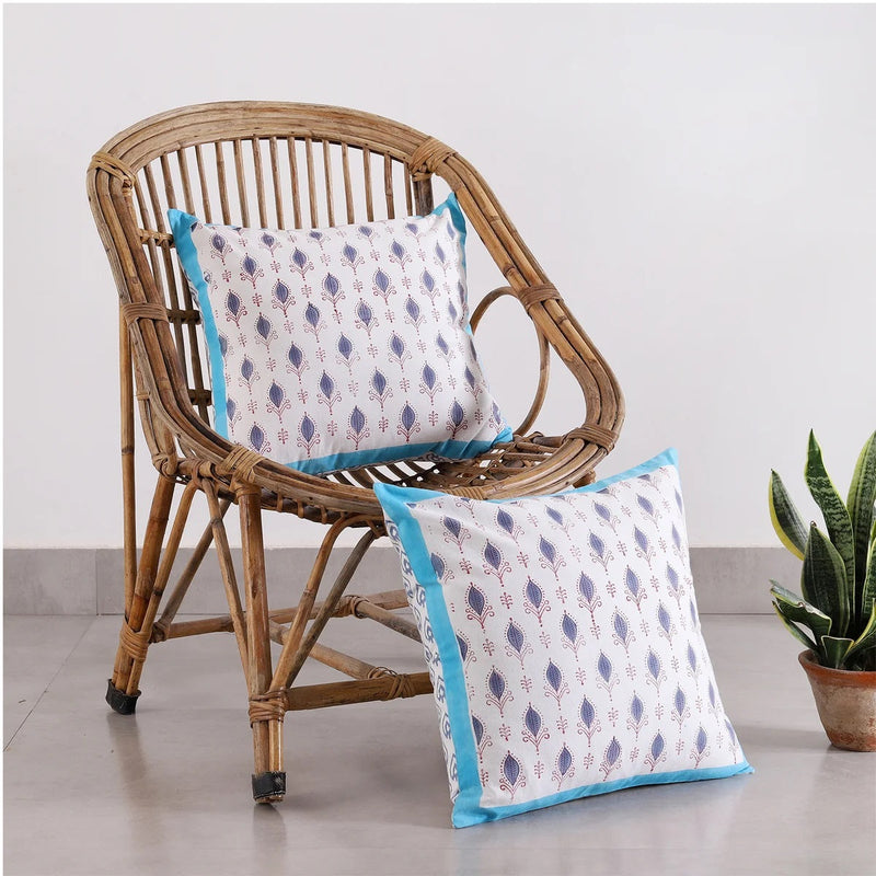 White & Blue Ethnic Motifs Cotton Square Cushion Covers
