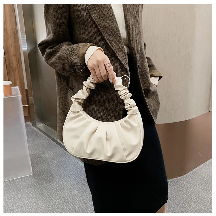 Fashion Pleated Handbag for Women, PU Cloud Shoulder Bag Modern Party Hand bag