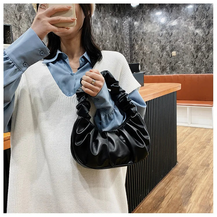 Fashion Pleated Handbag for Women, PU Cloud Shoulder Bag Modern Party Hand bag