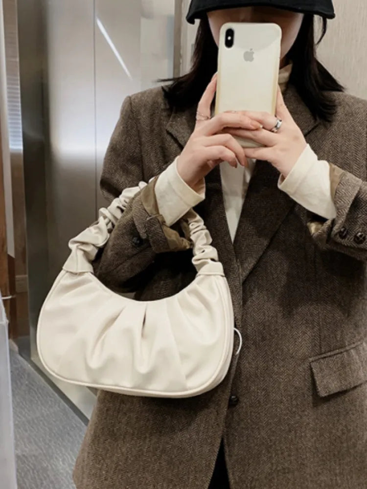 Fashion Pleated Handbag for Women, PU Cloud Shoulder Bag Modern Party Hand bag