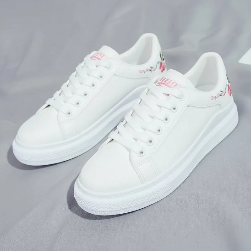 Womens Casual Floral Trainers White Flower Breathable Lace-Up Embroidered Shoes