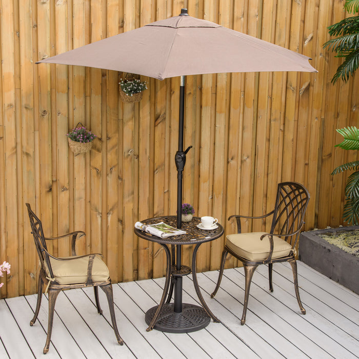 3Pc Cast Aluminium Garden Bistro Set for 2 Parasol Hole, Cushions Bronze
