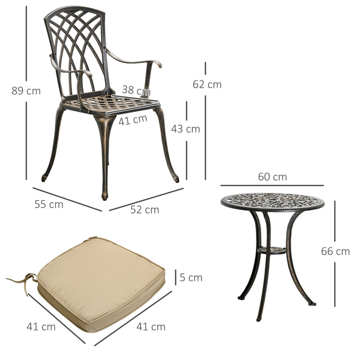 3Pc Cast Aluminium Garden Bistro Set for 2 Parasol Hole, Cushions Bronze