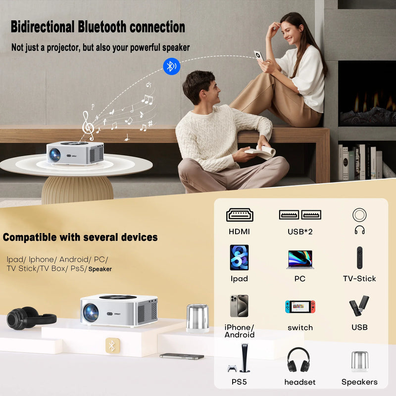 XIWBSY Full HD Android 8K Projector 1000 ANSI 1080P WiFi Bluetooth Auto Focus