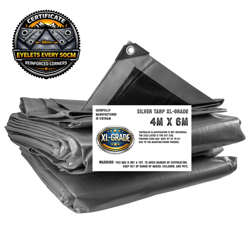 XL-Grade Silver Black Tarpaulin 4m x 6m
