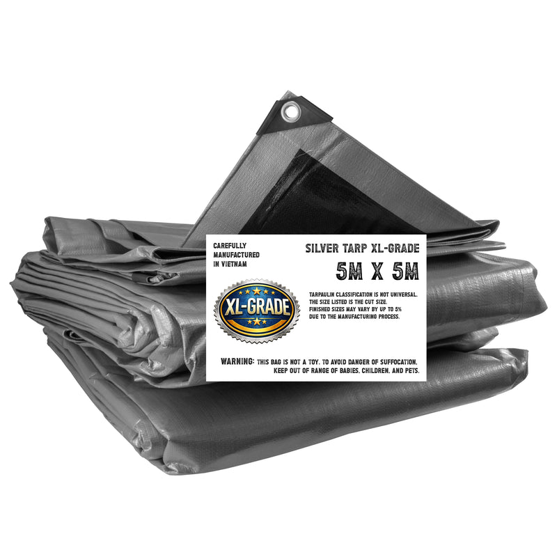 XL-Grade Silver Black Tarpaulin 5m x 5m