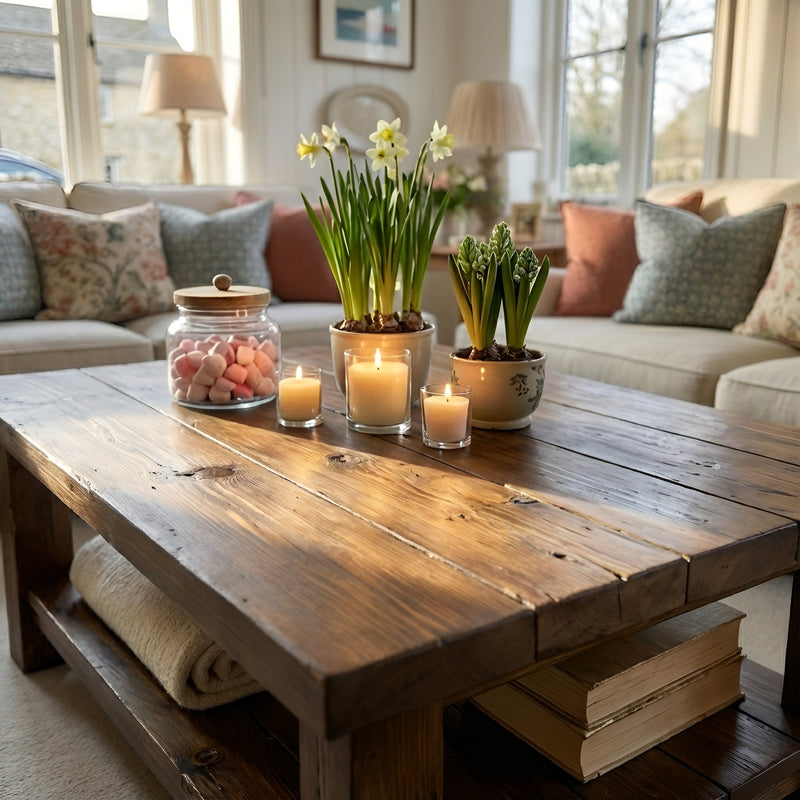 Large ARBA Rustic Wooden Coffee Table With Shelf In Walnut