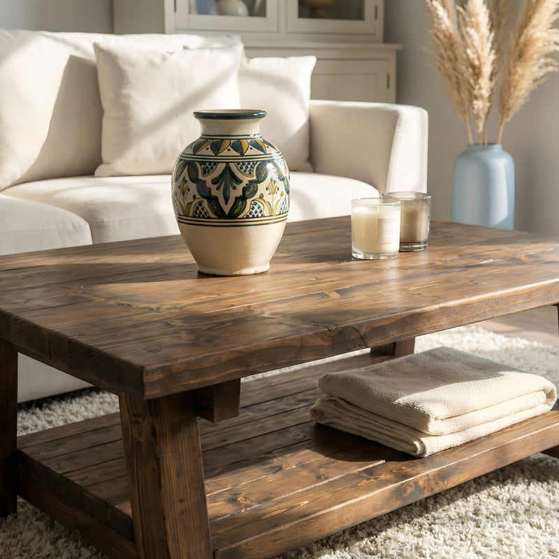Large ARBA Rustic Wooden Coffee Table With Shelf In Walnut