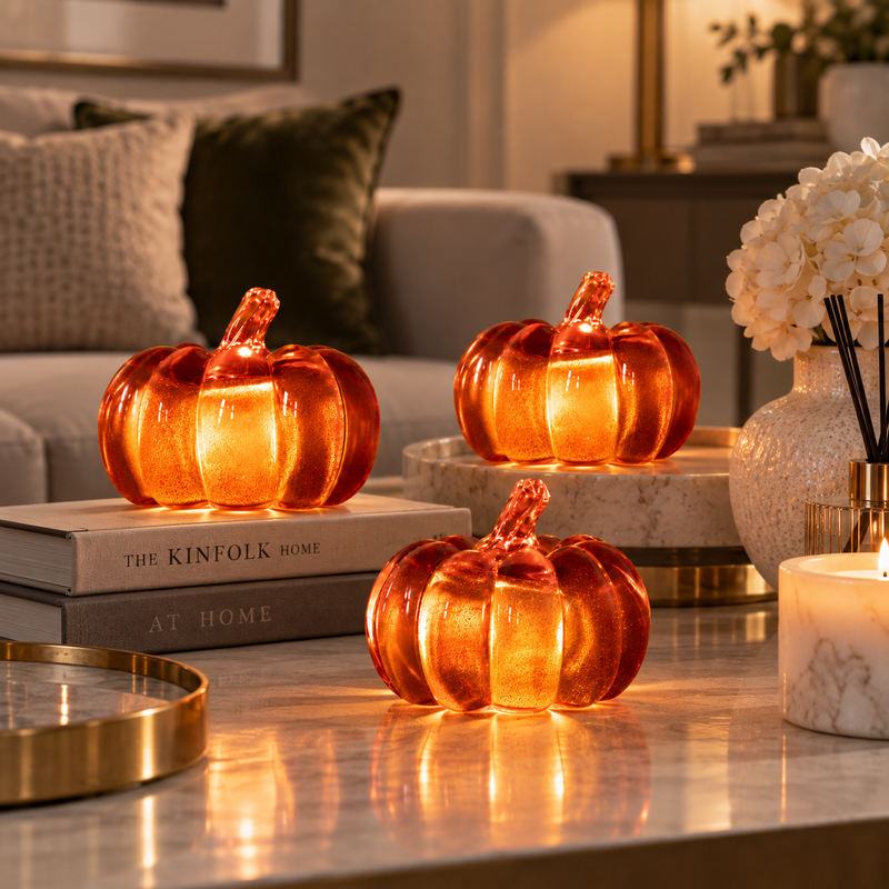 3pc LED Light Up Pumpkins Battery Operated Autumn Decorations