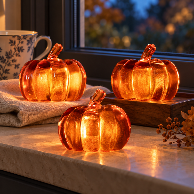 3pc LED Light Up Pumpkins Battery Operated Autumn Decorations