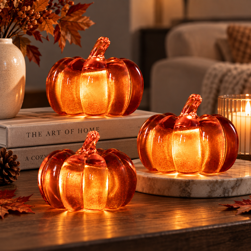 3pc LED Light Up Pumpkins Battery Operated Autumn Decorations