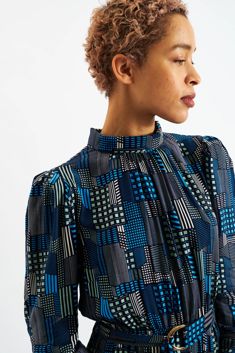 Ygritte Geo City Print Long Sleeve Midi Dress