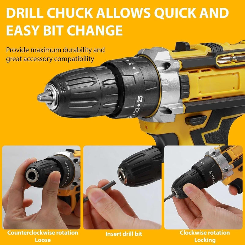 21V Cordless Drill Driver Set Brushless 2-Speed Yellow with Case 2 Batteries DIY Tool