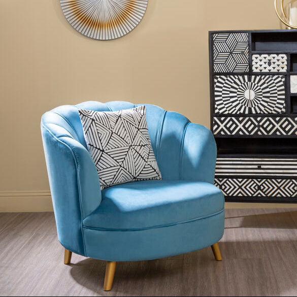 Blue Velvet Scalloped Curved Chair with Gold Wood Legs | Orlina