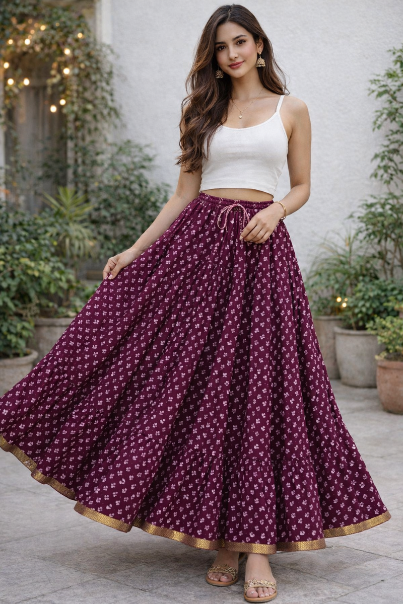 Blackfever Elegant deep plum purple base Printed Tiered Skirt – Free Size