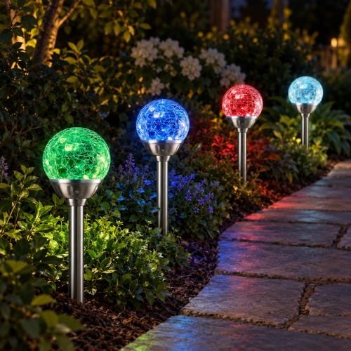4 Solar Colour Changing Crystal Ball Garden Stake Lights