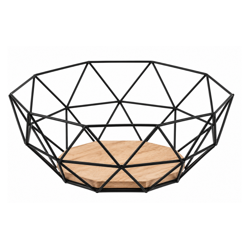 Black Geometric Wire Fruit Bowl with Wooden Base