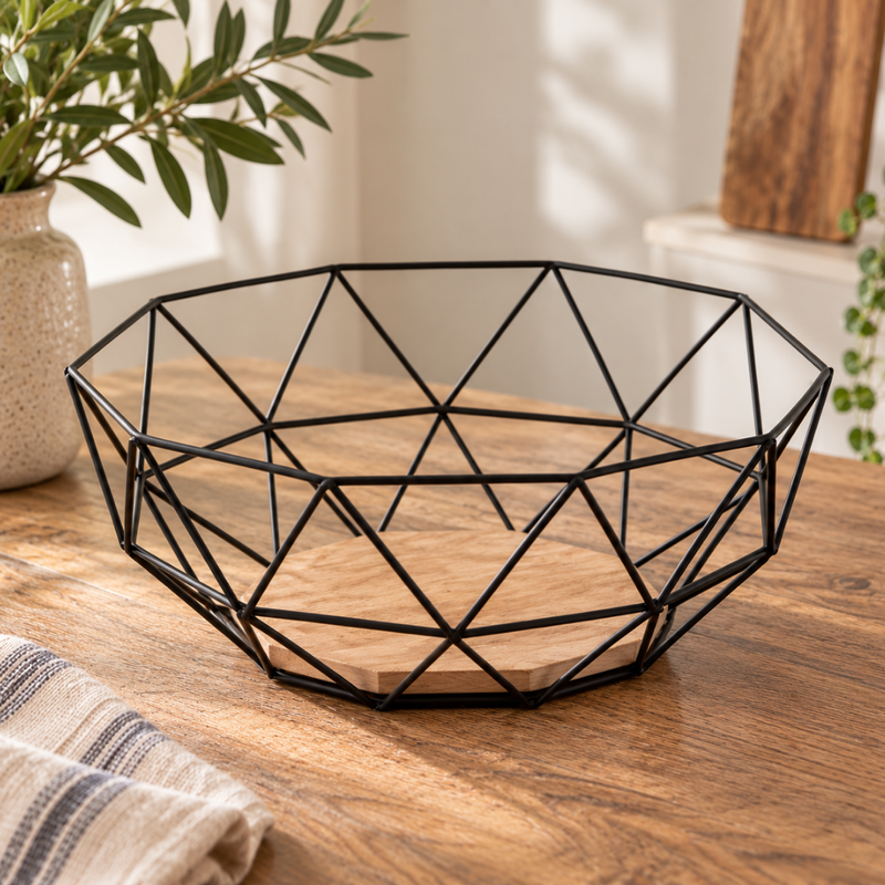 Black Geometric Wire Fruit Bowl with Wooden Base