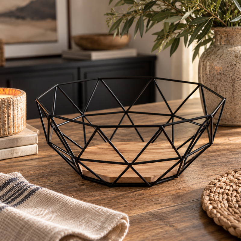 Black Geometric Wire Fruit Bowl with Wooden Base