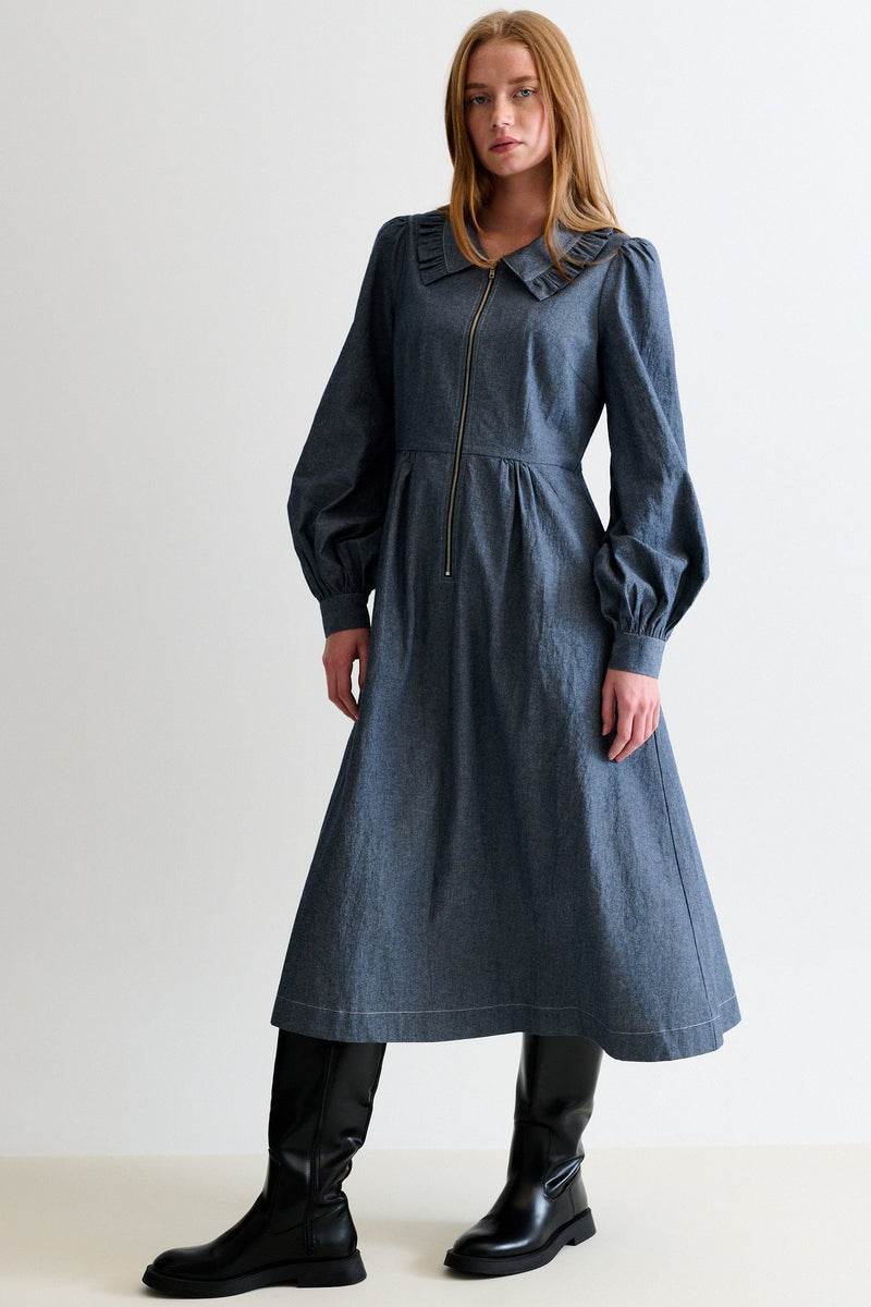 Zoya Chambray Zip Front, Frill Collar Midi Dress - Dark Grey