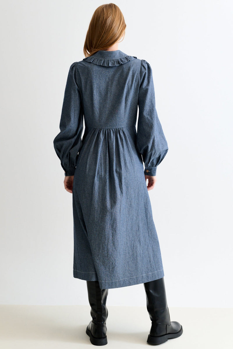 Zoya Chambray Zip Front, Frill Collar Midi Dress - Dark Grey