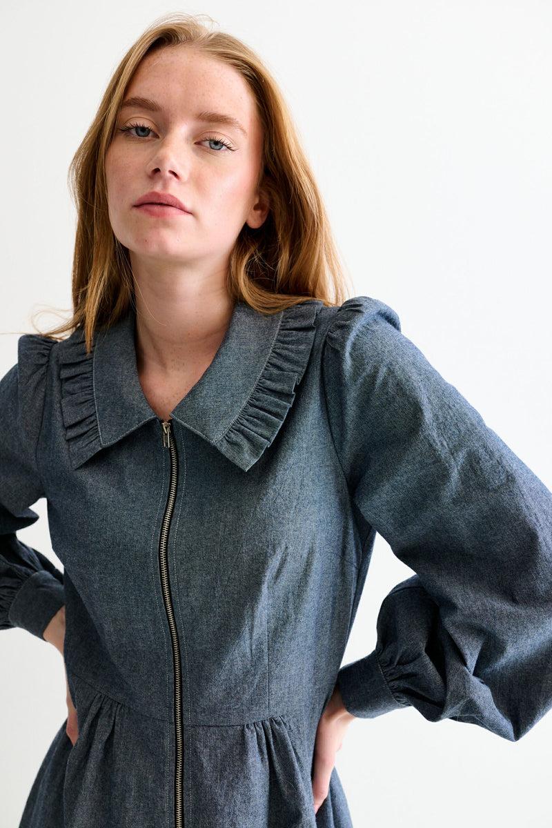 Zoya Chambray Zip Front, Frill Collar Midi Dress - Dark Grey