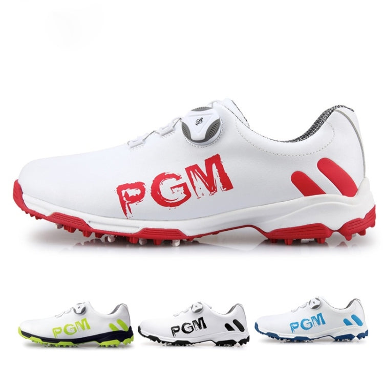 PGM Golf Rotating Buckle Waterproof Microfiber Leather Breathable Non-slip Sneakers for Men(Color:White Green Size:45), 45