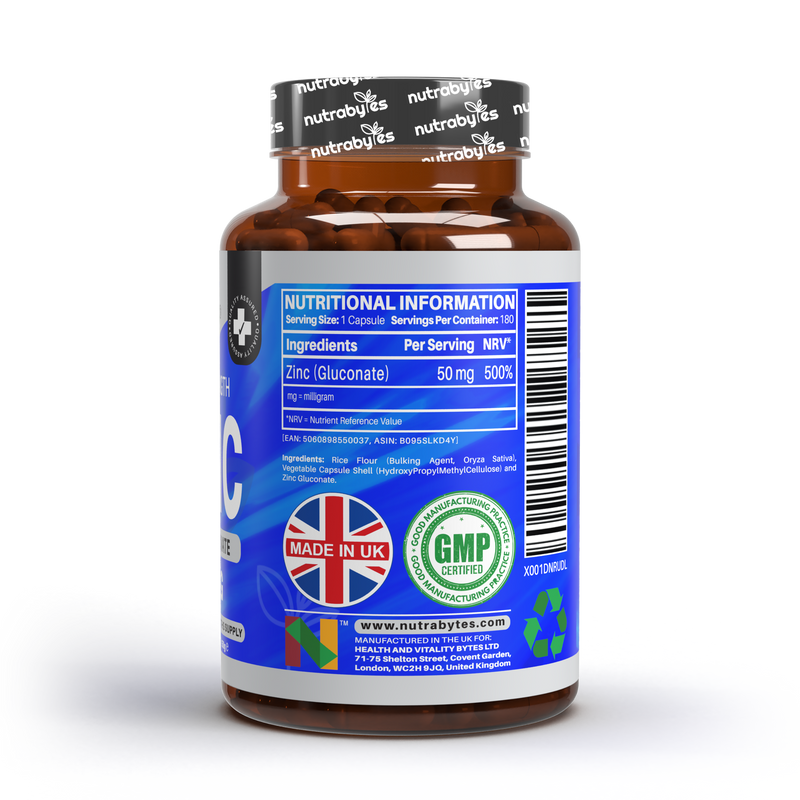Zinc (Gluconate) 50mg | Maximum Strength, Pure Zinc Capsules | 180 Vegan Capsules | 6 Months Supply | Immunity Support, Eye & Skin Health | Made in the UK