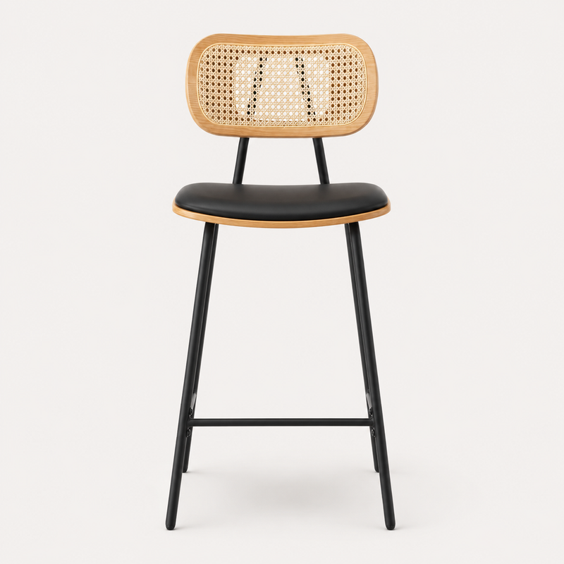 Sora Set of 2 Rattan Frame Black Bar Stools