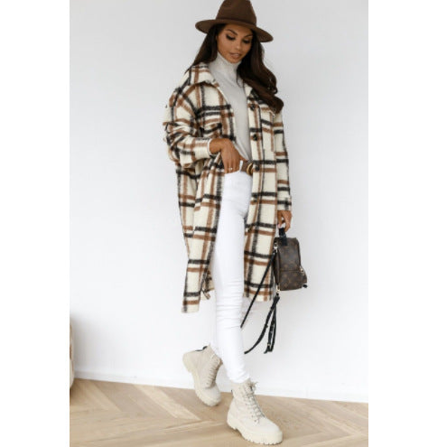 Casual Plaid Lapel Button-down Loose Mid-length Wool Coat