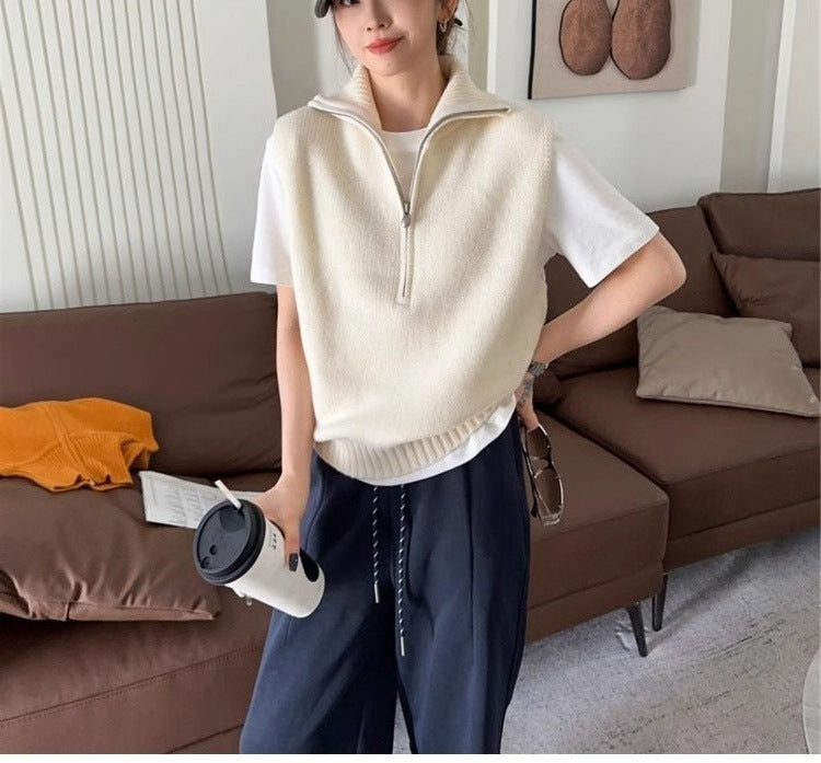 Retro Half Zipper Sleeveless Knit Vest