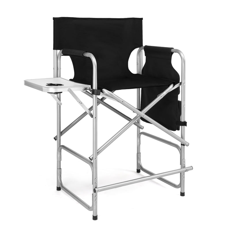 Folding Director Chair with Side Table & Storage Pockets, 41"×23.6"×26.4" Heavy Duty Spray-Coated Metal Frame Makeup Artist Chair, Portable Tall Folding Camping Chair, Supports 300 LBS, Black Oxford Fabric, No Carry Bag  >