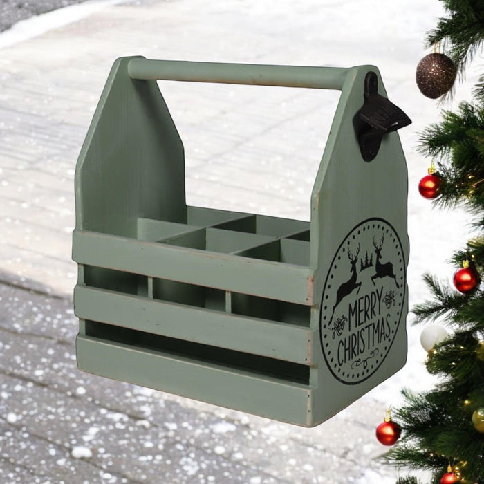 RUSTIC GREEN  6 BOTTLE HOLDER WITH OPENER