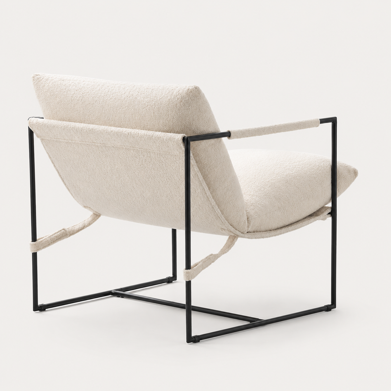 Danish Style Ivory Bouclé Lounge Chair with Black Metal Frame