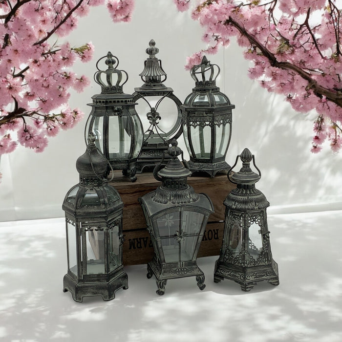40CM 6 ASSORTED GREY METAL GARDEN LANTERNS