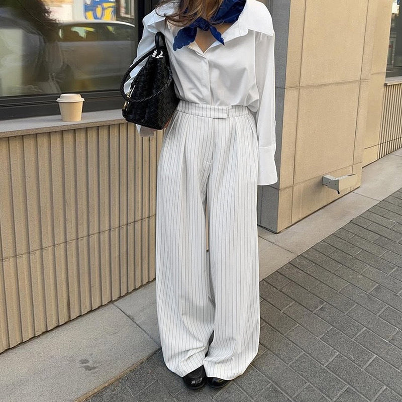 Commuting Loose Casual White Striped Wide-leg Pants