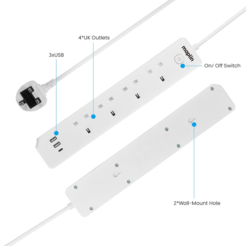 Maplin 1.8m 4 Socket 13 Amp Extension Lead with 2x USB-A / 1x USB-C Ports