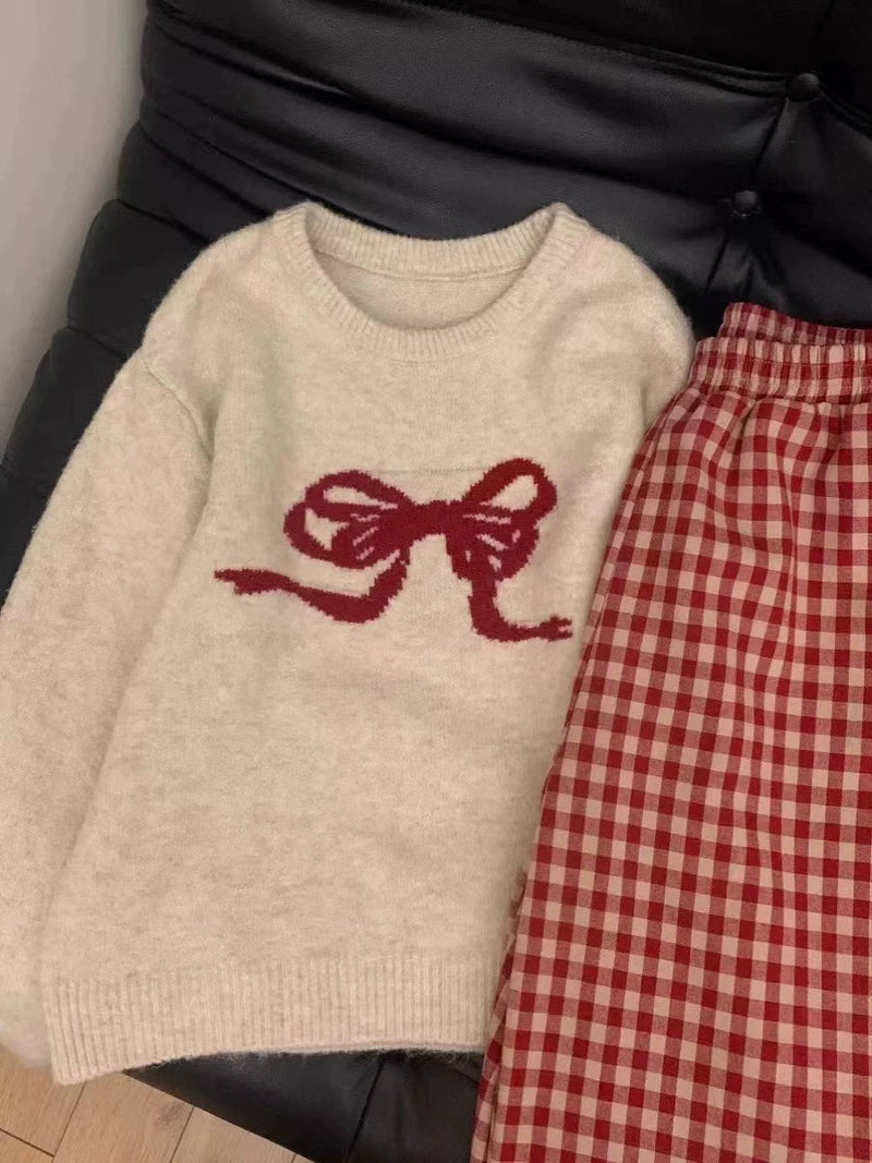 Round-neck Pullover Black Sweater With Bow Detailloose-fitting Comfy Knit Top