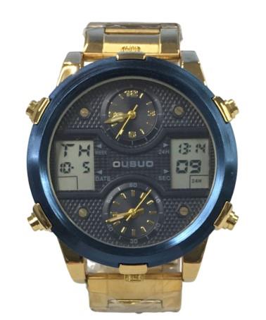 Ousuo Mens Fashion Ana Digital Big Dated Blue Dial Gold Plated Bracelet Watch NY London