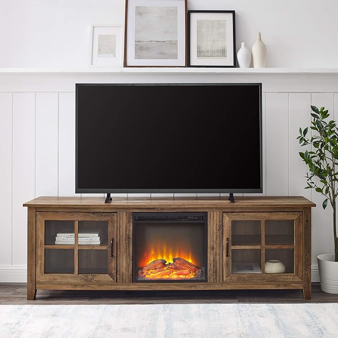 Large 70 Inch TV Stand with Electric Fireplace | Dark Walnut | Farmhouse Glass Door Cabinet