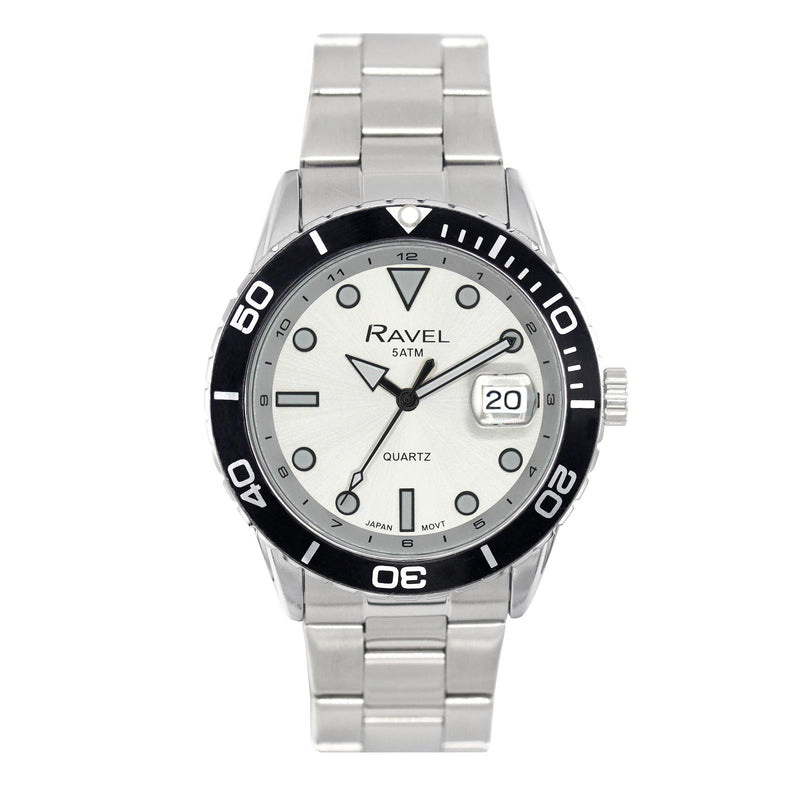Ravel Mens Fashion Sports 42mm Round 5ATM Dated Dial Uni-Directional Bezel Silver Plated Bracelet Watch RPD-MB