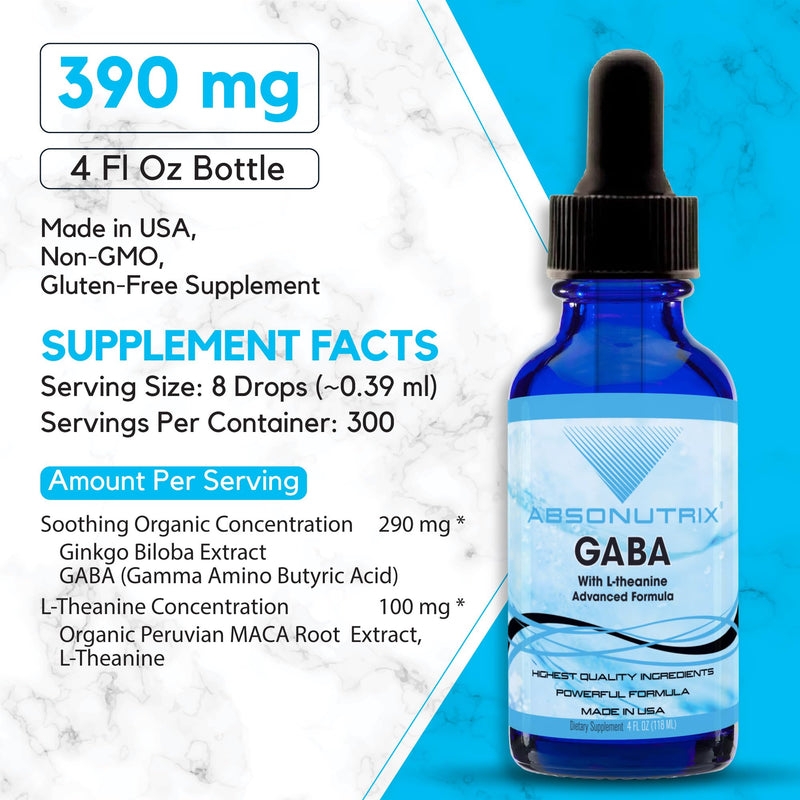 Absonutrix GABA + L-Theanine 290 mg Liquid — 4 oz, 300 Servings, Made in USA