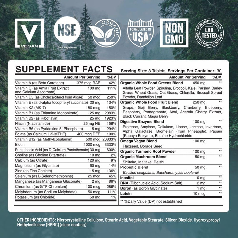 Abundant Earth Whole Food Multivitamin for Women & Men | Vegan, Probiotic & Enzymes | 90 Count