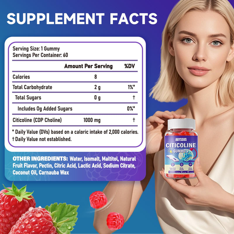 ABYSSUS CDP Choline Gummies 1000mg – High Potency Citicoline for Brain Health, Liver Support | Sugar-Free 60 Count